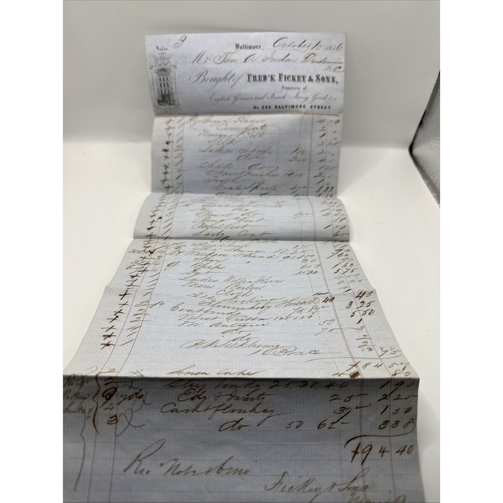 1856 Baltimore MD Merchant Invoice Bullhead Fred'k Fickey & Sons Fancy Good RARE